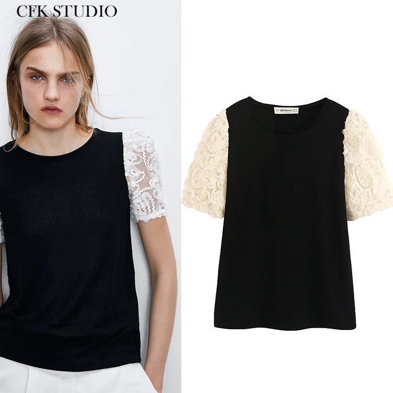 Женская футболка с круглым вырезом Za повседневная черная свободная коротким