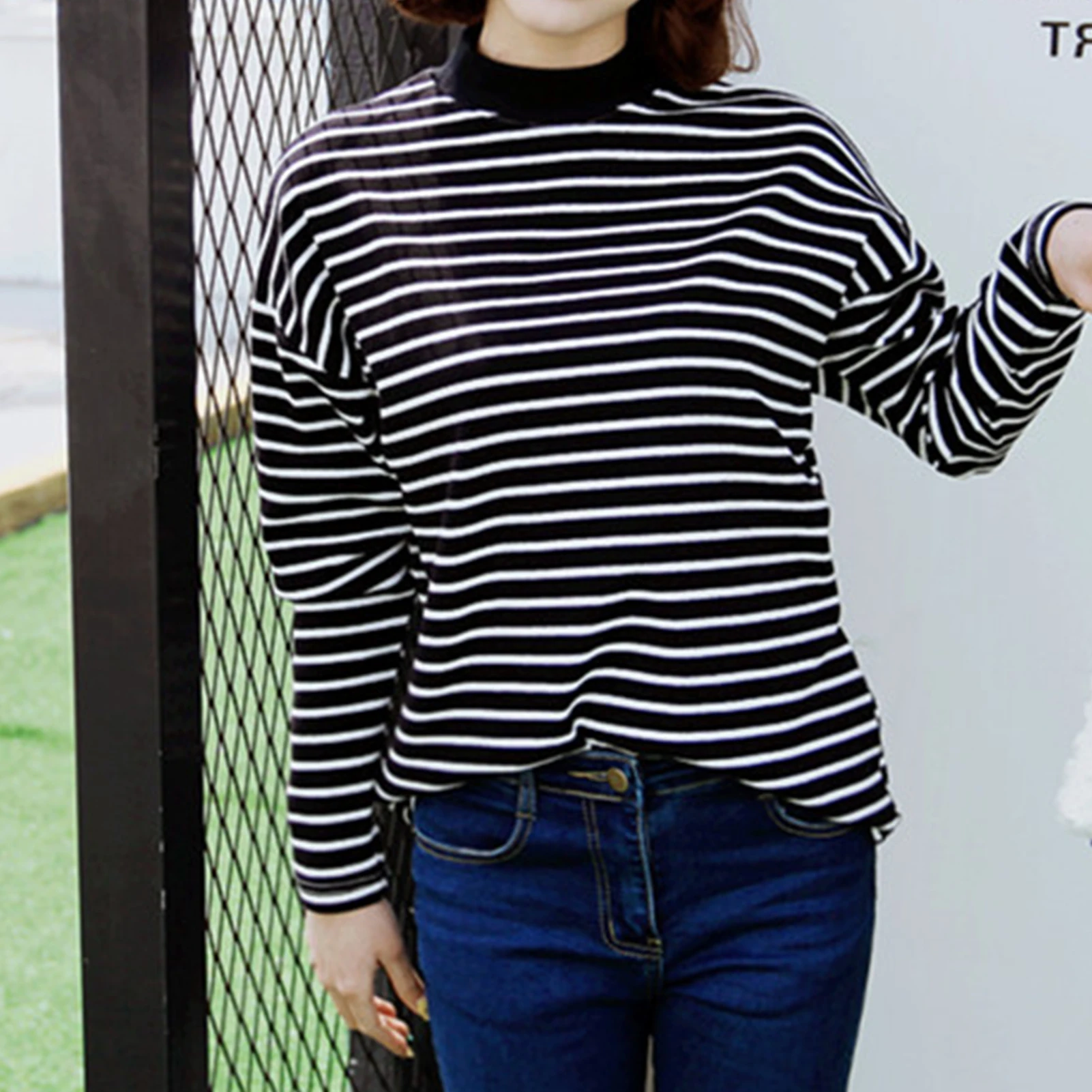 

Women Casual Long Sleeve O Neck Pullover Horizontal Stripes Loose Blouse Top