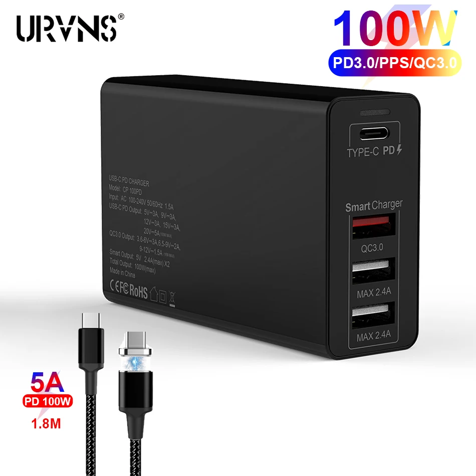 

URVNS 100W Type C Wall Charger with PPS PD3.0 QC3.0 AFC FCP Fast Technology, USB-C Laptop Adapter for MacBook Pro 16", iPhone 11