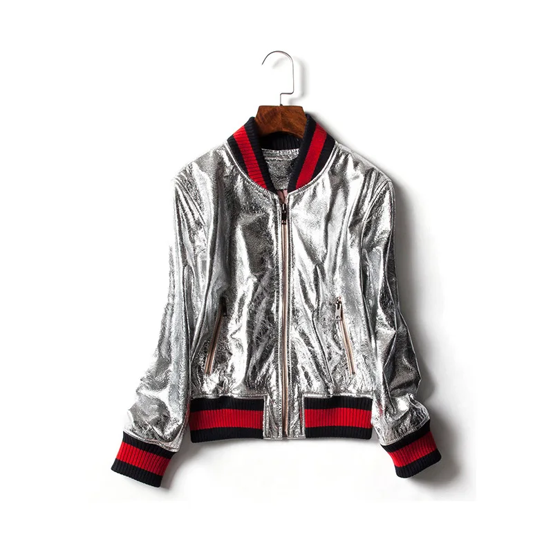 Куртка женская из искусственной кожи золотого и серебряного цвета 2019|bomber jacket