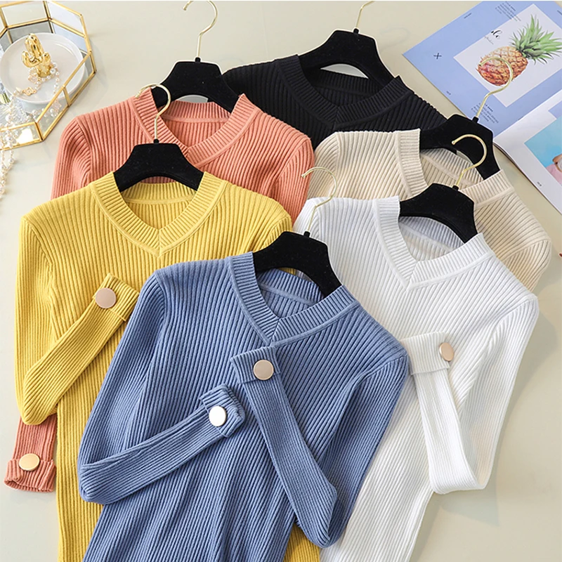 Female Knit V-Neck England Style Sweaters Basic Women autumn Winter Long Sleeve Pullovers feminine Soft Orange Tops jumpers 2019 | Женская