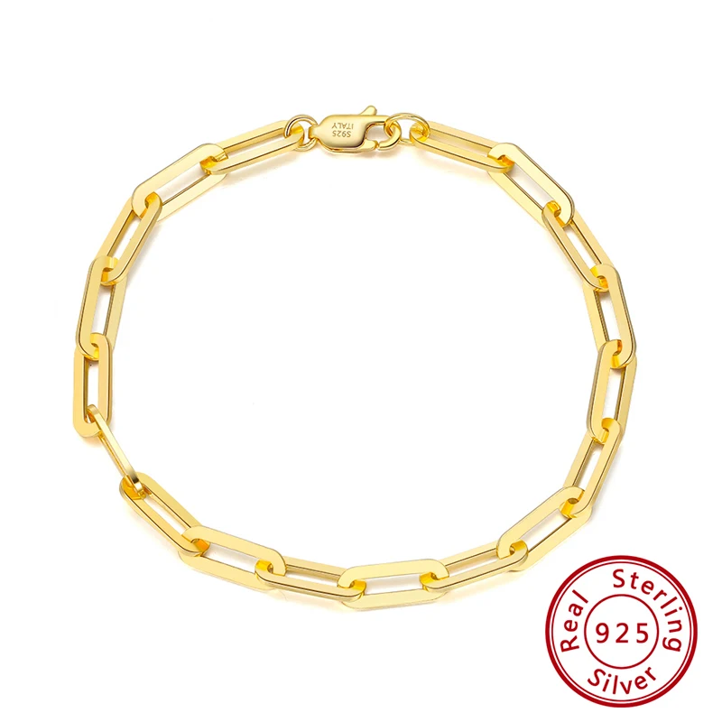 

14K Gold Plated 925 Sterling Silver Paperclip Link Chain Bracelet for Couples Women Men Bracelet Jewelry