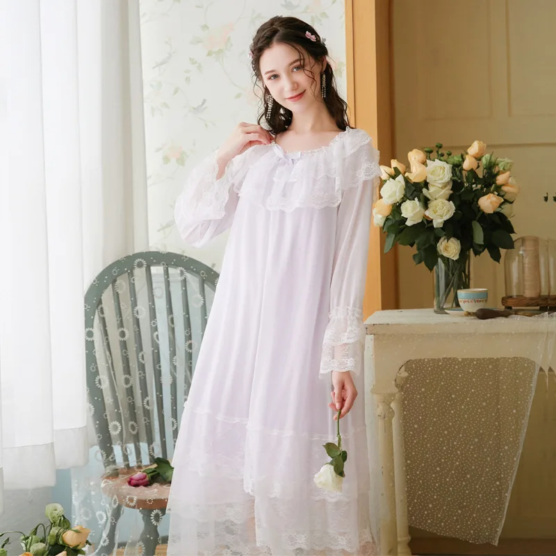 Long Sleeve Nightdress Lady Spring Summer Palace Princess Modal Mesh Long Nightdress Sweet Loose Large Size Home Clothes Autumn