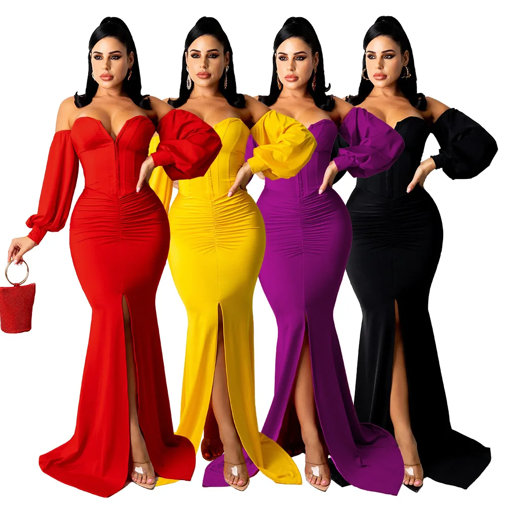 

Sexy Off Shoulder Split Elegant Party Long Dress for Women Long Lantern Sleeve Tight Waist Bodycon Maxi Vestidos Female Outfits