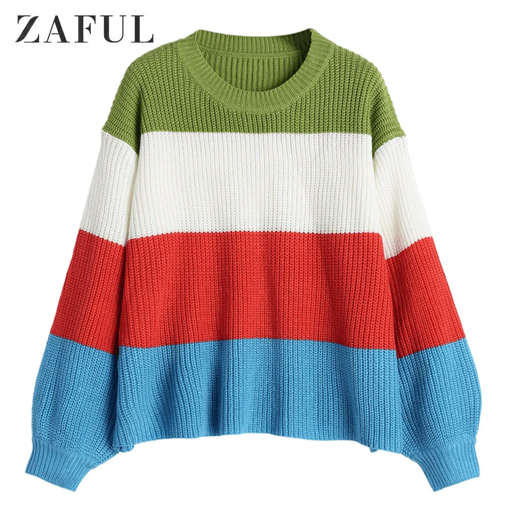 ZAFUL Color Block Stripes Pullover Sweater Women O-Neck Oversize Sweaters Lantern Sleeve Warm Pullovers Autumn Winter Loose Tops | Женская