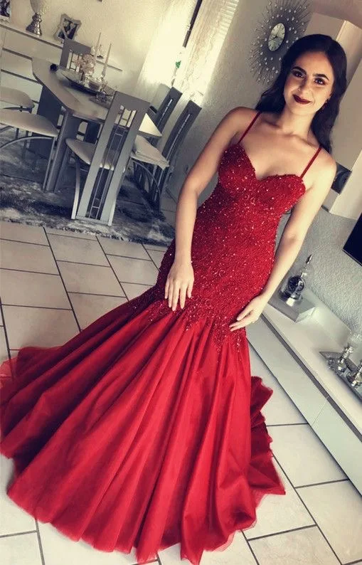 

Spaghetti Red Long Mermaid Prom Dresses 2020 New Sleeveless Sweetheart Sweep Strain Formal Evening Dress Party Gowns