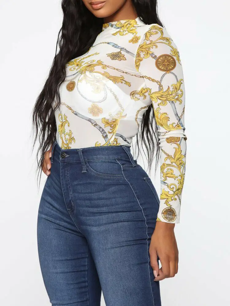 Женская сексуальная перспектива Цветочные Футболки с длинным рукавом Водолазка