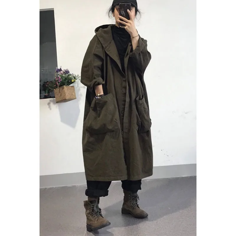

2021 Autumn New Korea Fashion Women Loose Hooded Trench Coat All-matched Casual Single Breasted Long Trench Coat Windbreaker