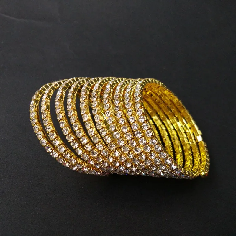 10 рядов Стразы Спиральный Браслет посеребренный и золотой цвет свадебные