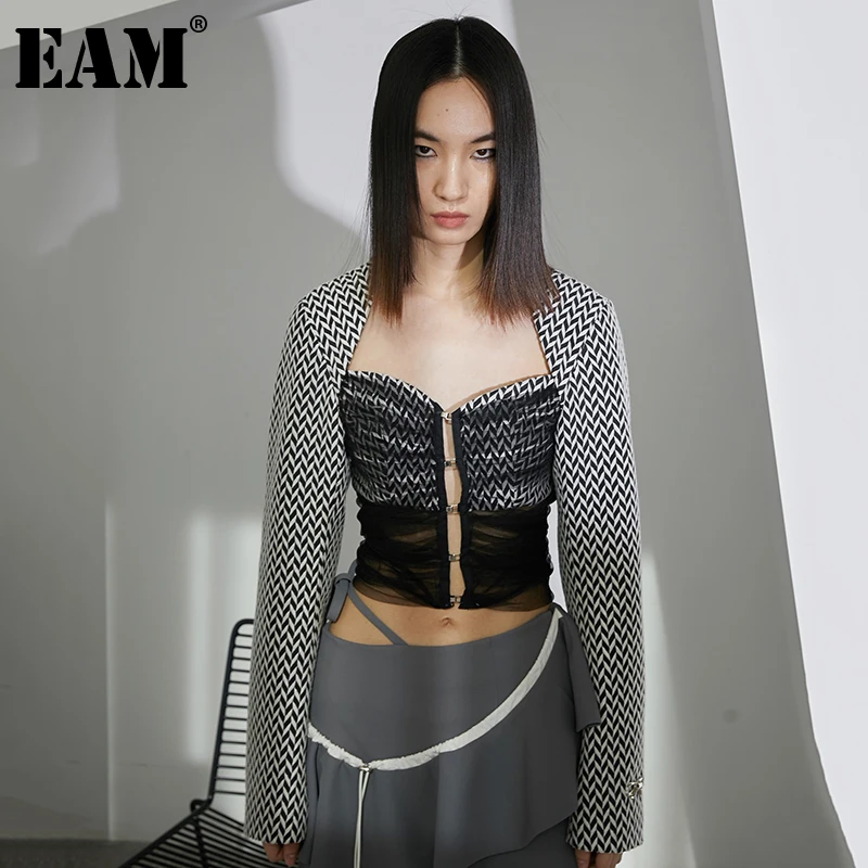 

[EAM] Свободная винтажная сетчатая куртка с абстрактным узором, Новое Женское пальто с квадратным воротником и длинными рукавами, модная деми...