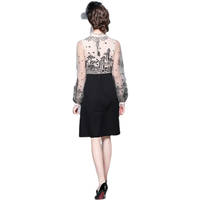 

Vintage Dress Women Mesh Patchwork Flroal Embroidery Office Work Faux Two Peice Elegant Retro Dress Vestidos
