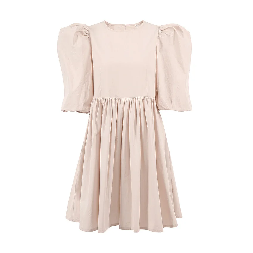 

SALEQI O Neck Casual Women Dress Lantern Short Sleeve Solid Pink Mini Dress Ladies Elegant A Line Summer Dresses Cotton 2021 new
