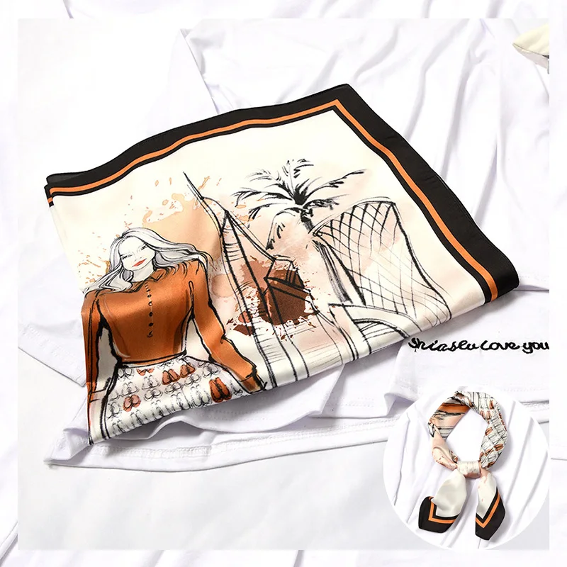 

70cm Square Silk Scarf for Women Cartoon Office Lady Silk Bandana Summer Headband [3831]
