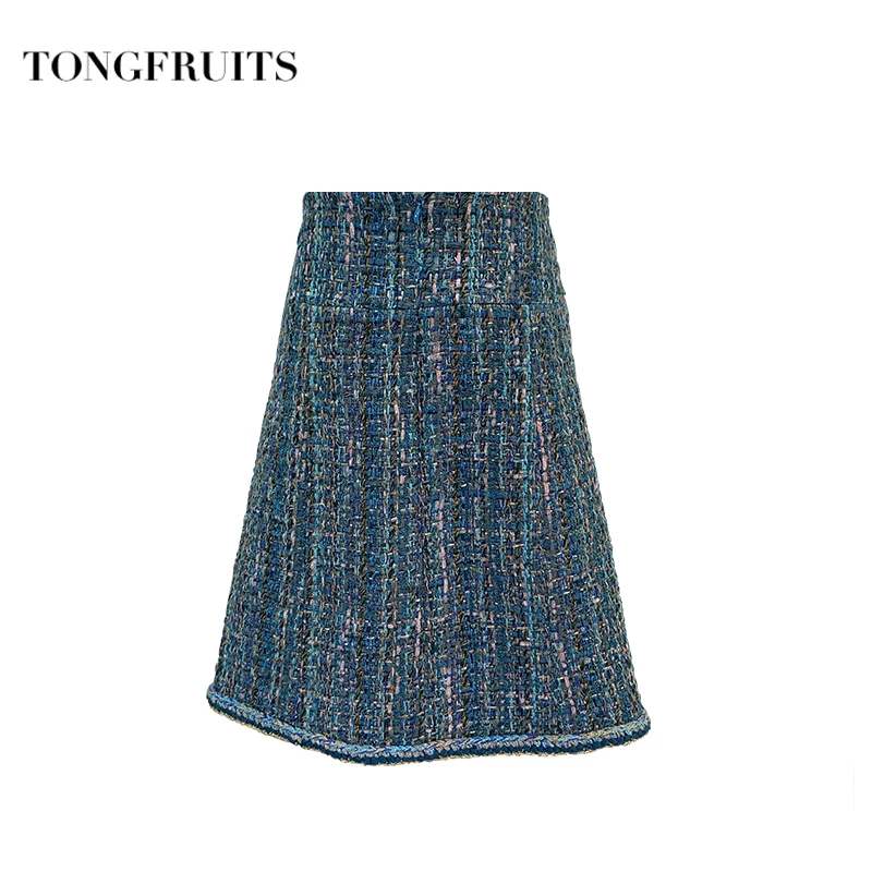 2019 Осень Зима Высокая талия юбка синий тканый трехмерный женский мини на молнии