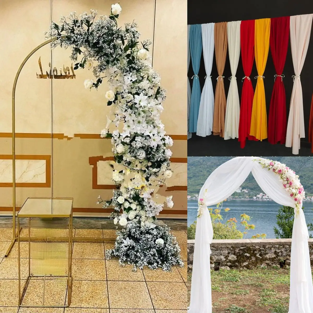 

Wedding Iron Arch Rustic Fabric Backdrops Flower Frame Balloons Plinth Table Cake Dessert Billboard Welcome Area Hanging Rack