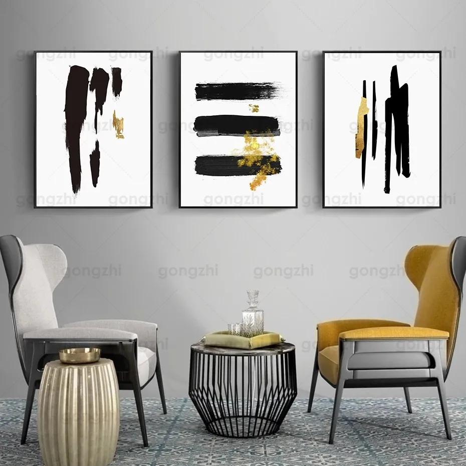 

Abstract Canvas Painting One Two Three Black Gold Wall Art Poster Luxury Bedroom Living Room Cafe Decoration Printing Painting