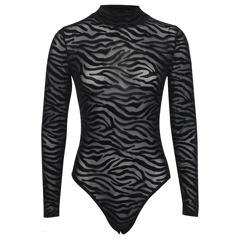 JIEZuoFang Sexy Transparent Mesh Gothic Bodysuit Women Animal Striped Pattern Long Sleeve Body Bodysuits Rave Party Outfits | Женская