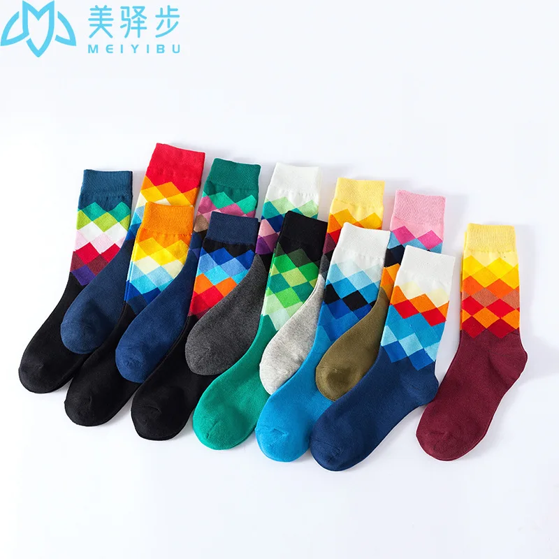 European and American Ins Style Stockings Female Amazon Supply Rhombus Pattern Cotton Fashion Socks Spot Wholesale