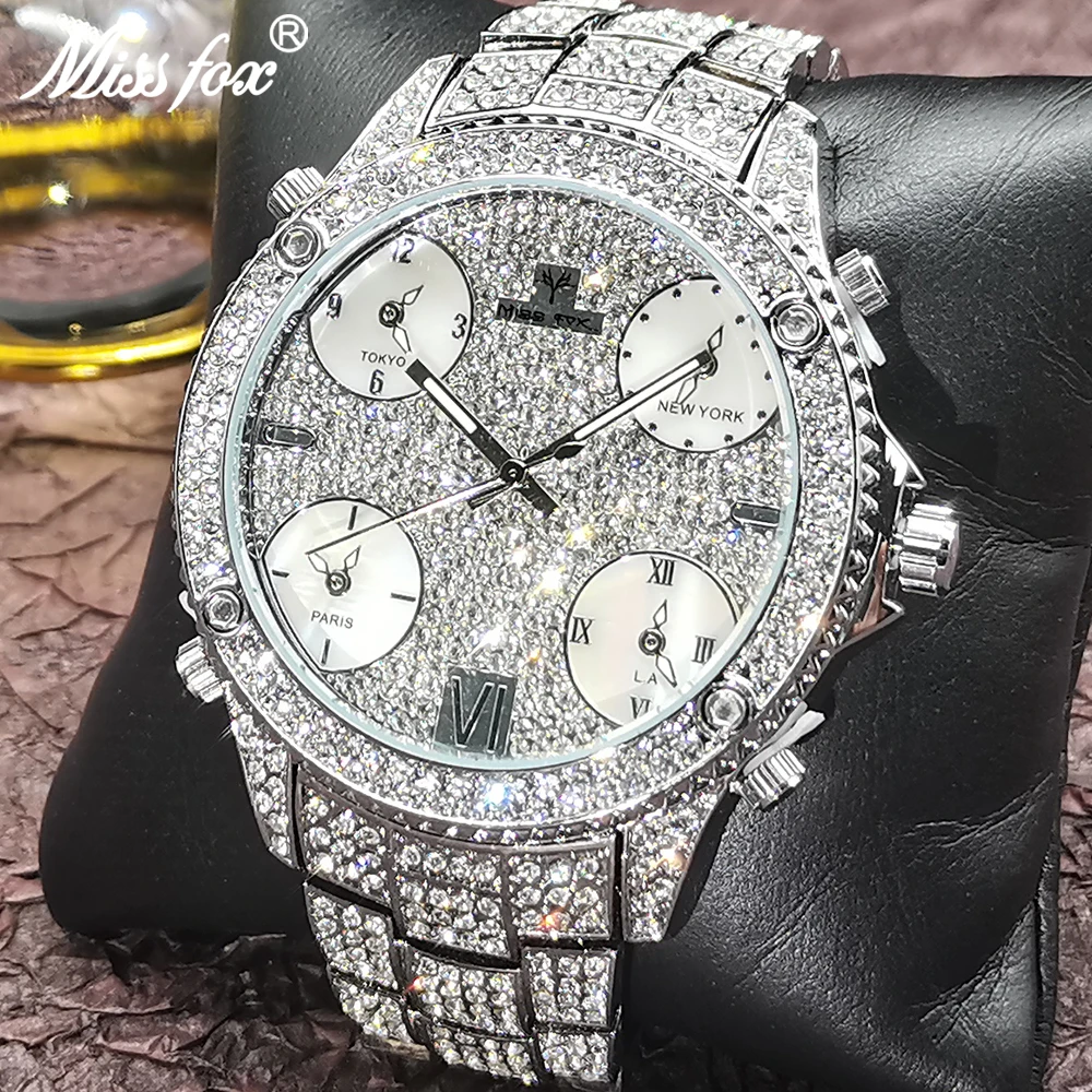 

Hip Hop MISSFOX Iced Out Silver Men Watches Multiple Time Zone Full Stainless Steel Diamond Brand Luxury Luminous Quartz Clocks