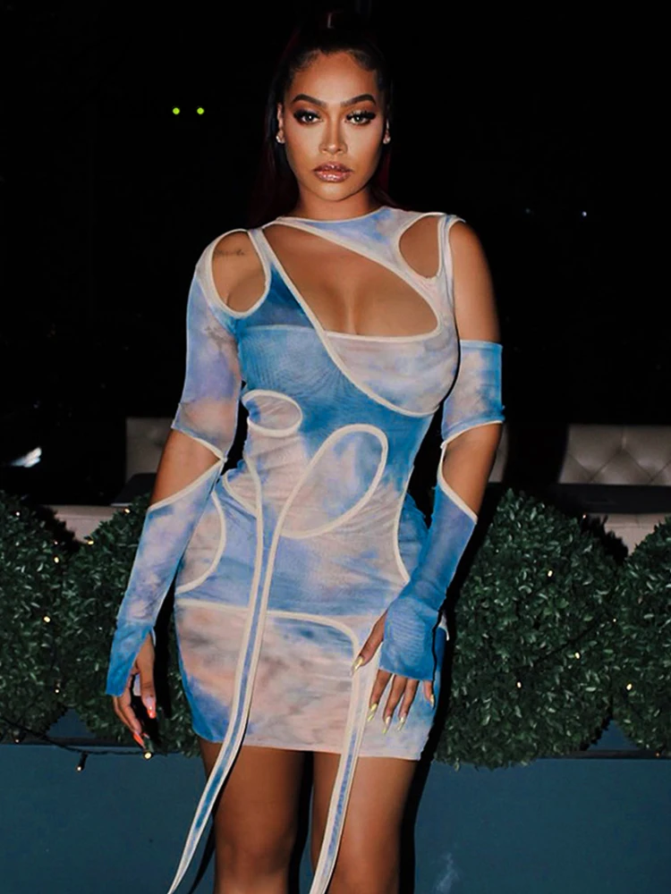 

Joskaa Tie Dye Print Tassel Summer Dresses For Women 2021 Sexy Hollow Out Long Sleeve Irregular Party Dress Fashion Streetwear