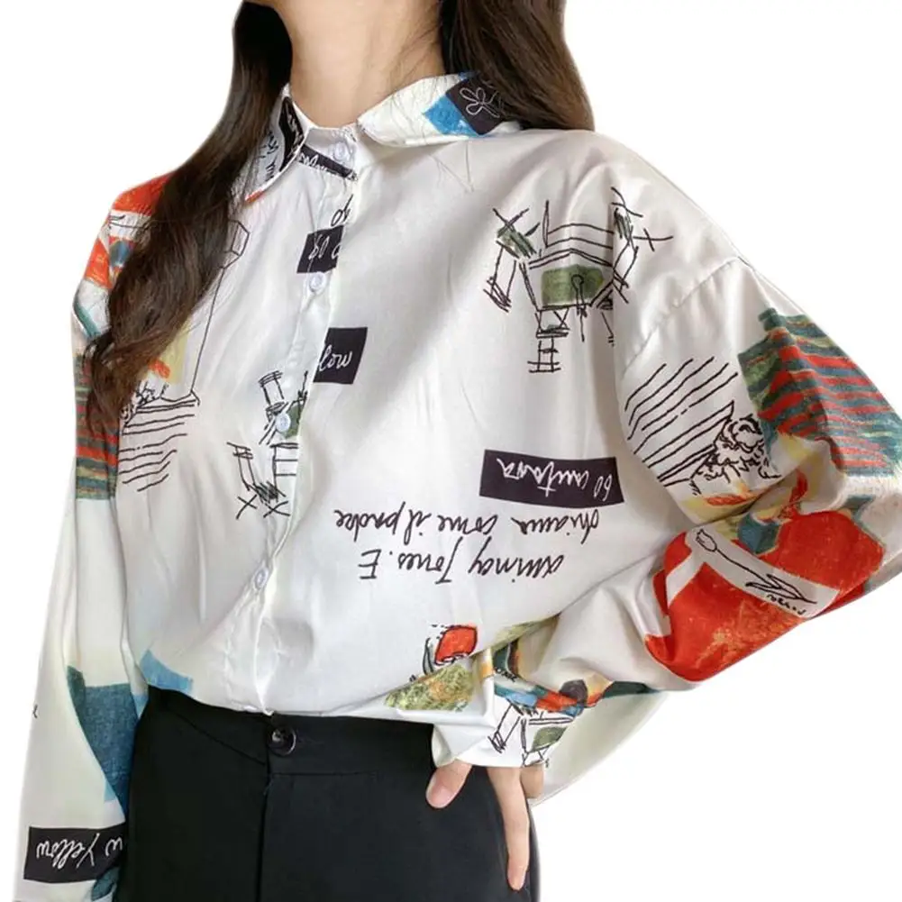 

Women Shirt Long Sleeve Letters Print Scrawling Single-breasted Loose Shirt Blouse Top vestido de muje 2021 Spring/Autumn