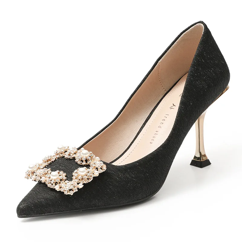 

High heels women's spring and autumn 2021 new pointed shallow mouth women's shoes with rhinestone square buckle stiletto