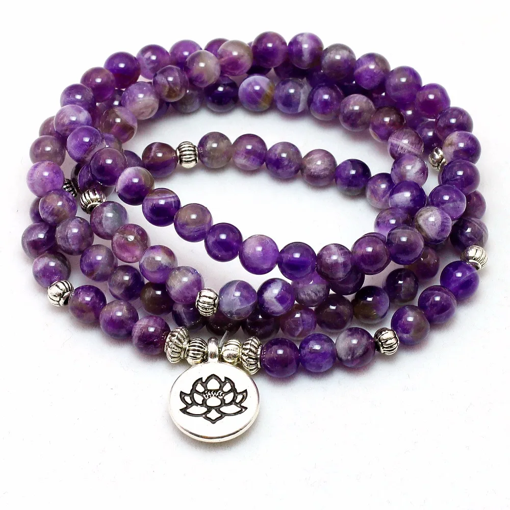 Natural Purple Crystal Chakra 108 Buddha Mala Bracelet or Necklace Yoga Mala Stone Bracelet for Women Lotus Jewelry