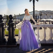 2022 Purple Tulle Lace Prom Dress Long Sleeve Floor Length Evening Dresses Elegant Backless Bows Party Gowns For Women New (1)