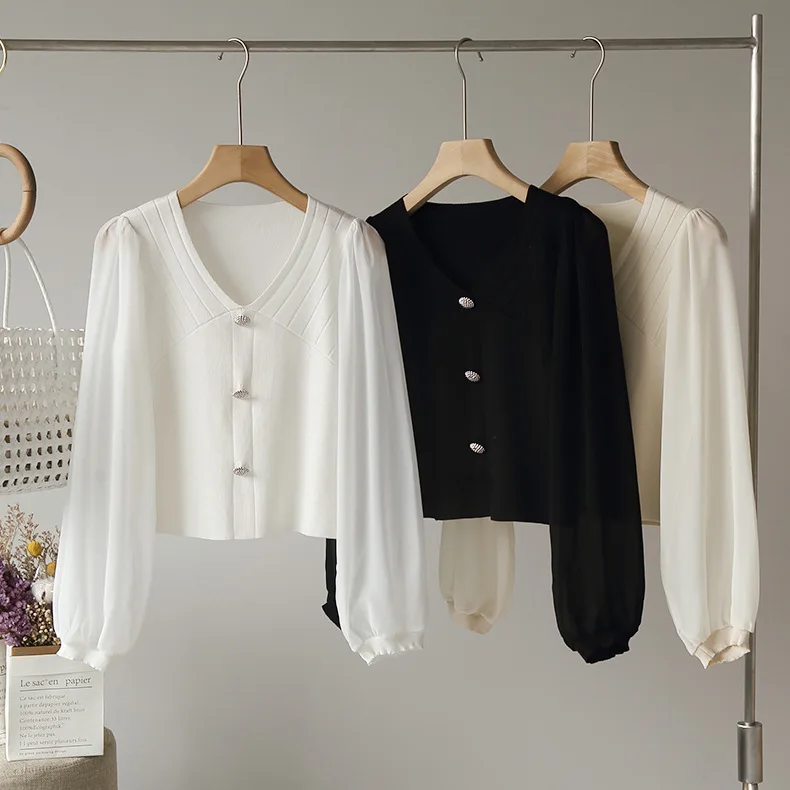 

Spring and Summer Women's V-neck Solid Color Splicing Chiffon Sleeve T-shirt Retro Button Pullover White Top