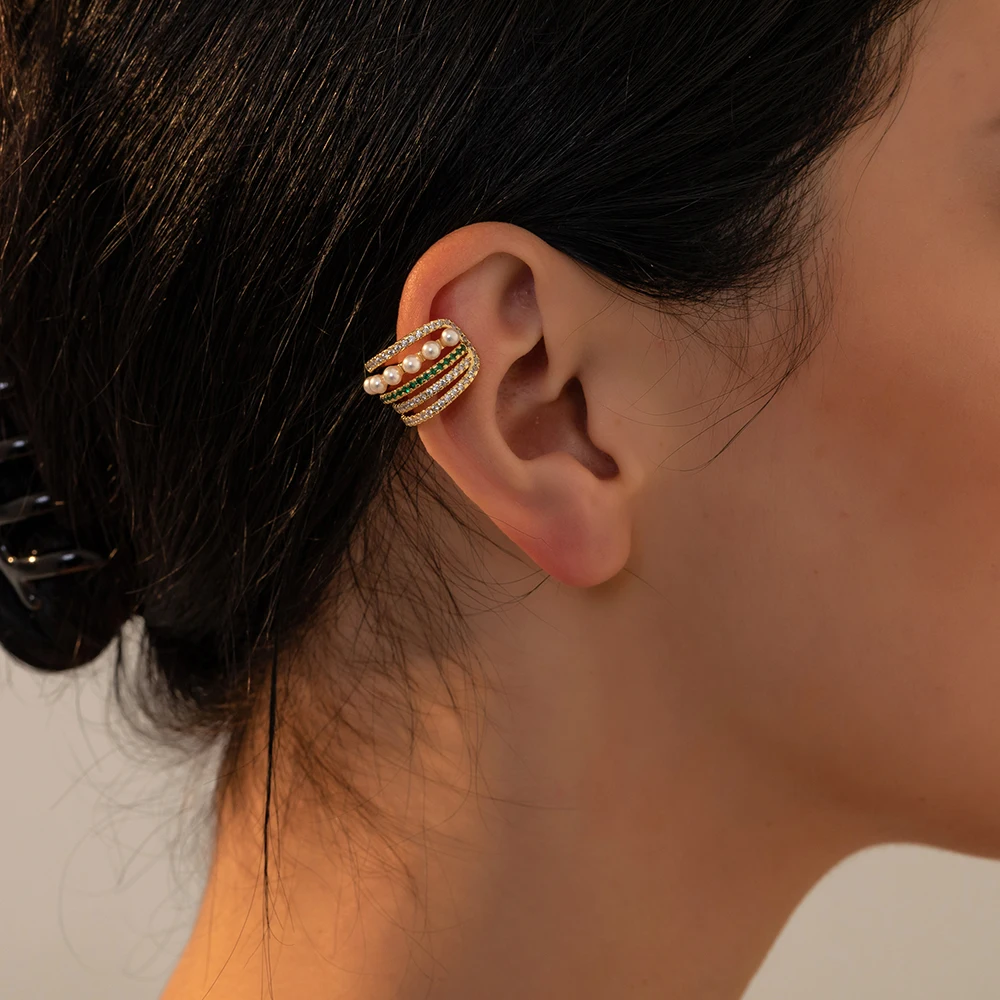 

1pcs No Piercing Gold Plated Metal Multilayer Wide Ear Cuff Clip Earrings for Women Exquisite Zirconia Pearls Cartilage Earclips