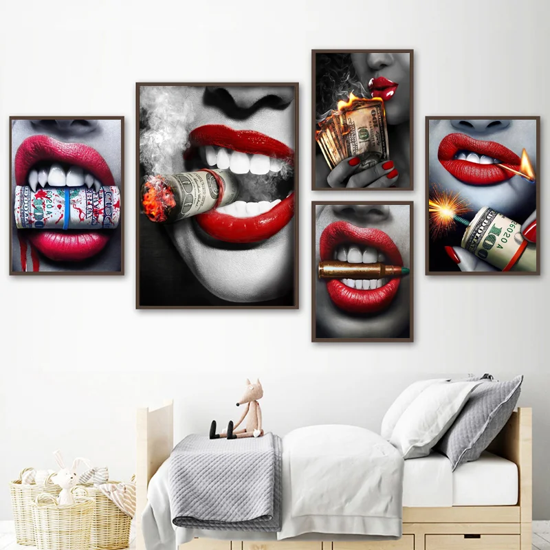 

Sexy Girl Red Lips Gold Money Wall Art Canvas Painting Nordic Smoking Posters And Prints Wall Pictures For Living Room Decor
