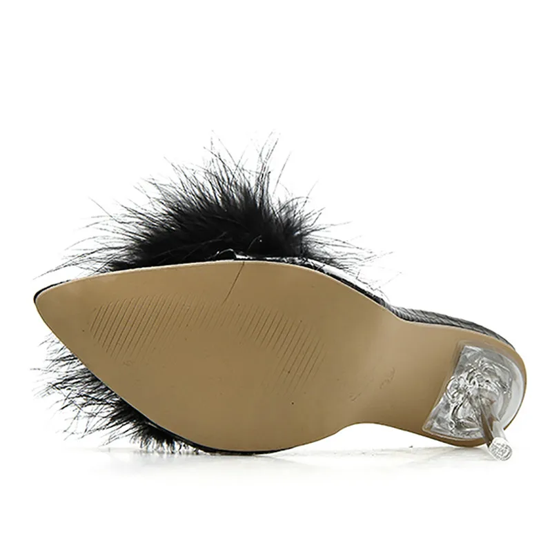 

DM110 Woman shoes Transparent Crystal High heels Woman Feather Fur Slippers Pumps Women Peep toe Mules Lady cute plush Slippers