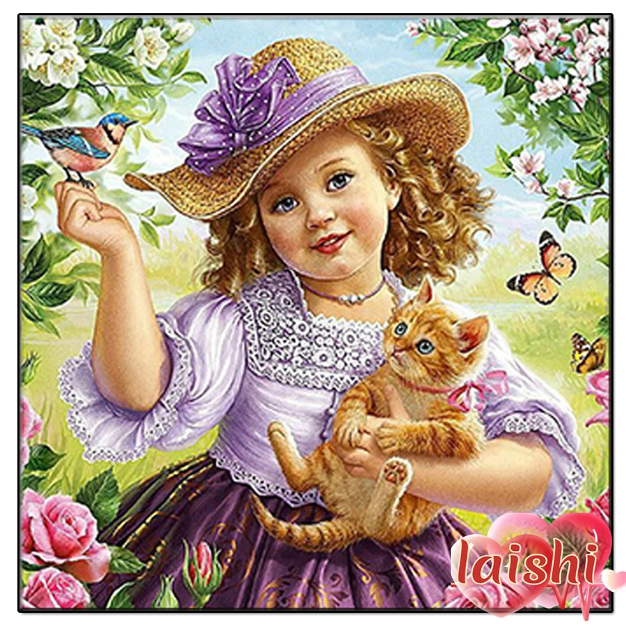 

5D DIY Cute little angel hugging cat in the garden Full square Round Drill Rhinestones Diamond Painting Home Decoration Gifts