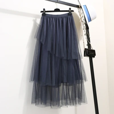 dark blue Женская Асимметричная фатиновая юбка, модная эластичная юбка-пачка с высокой талией, Юбка-миди, Saias Faldas Jupe Femmle - Цвет: dark blue