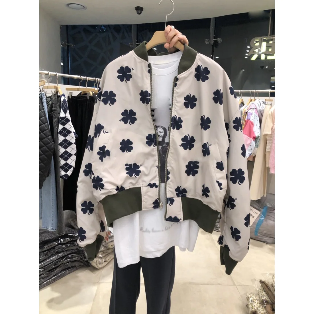 

South Korea Dongdaemun new fall 2021 printed fashion zipper coat women loose wear versatile top on both sides