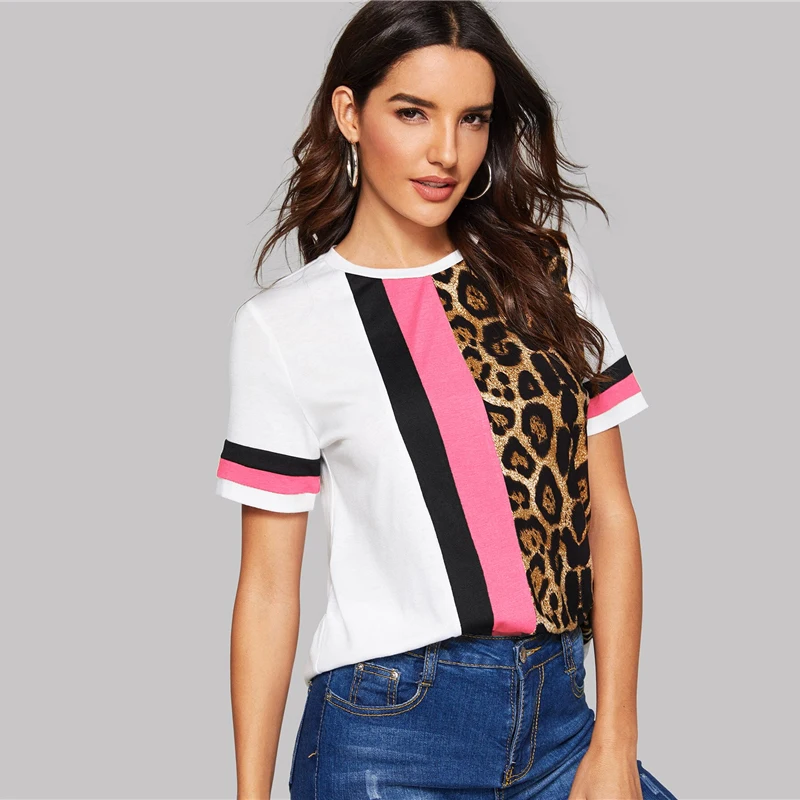SHEIN Color Block Cut-and-Sew Leopard Panel Top Short Sleeve O-Neck Casual T Shirt Women Summer Leisure Ladies Tshirt Tops