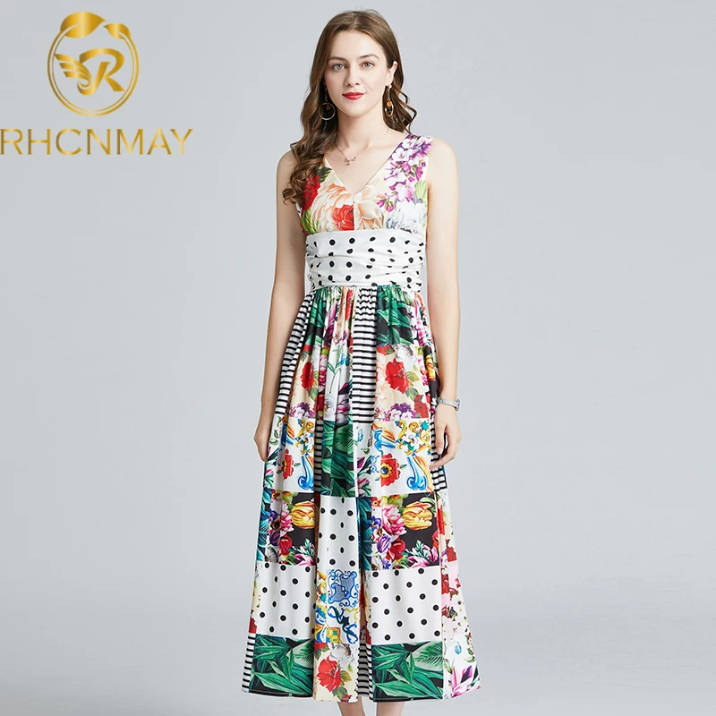 

2021 Summer Fashion Designer Vacation Midi Dress Women V-neck Multicolor Floral print Peplum Party Elegant Dress