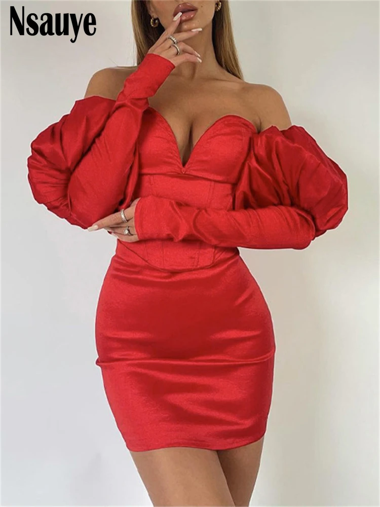 

Мини-платье Nsauye с длинными рукавами-фонариками и V-образным вырезом для нового года 2022 пикантные женские элегантные вечерние облегающие кра...