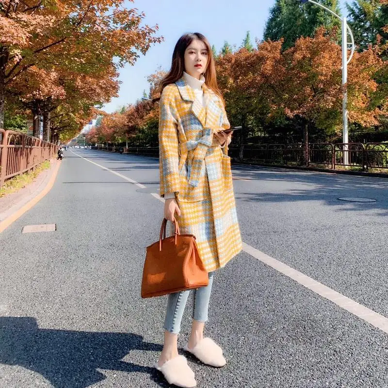 Элегантное плотное шерстяное Женское пальто с отложным воротником поясом в