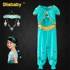 Нарядное платье цвета Жасмин принцессы для девочек, детский костюм Жасмин с блестками для Хэллоуина, карнавальный костюм жасмин, парик, Детские Арабские костюмы, комбинезон