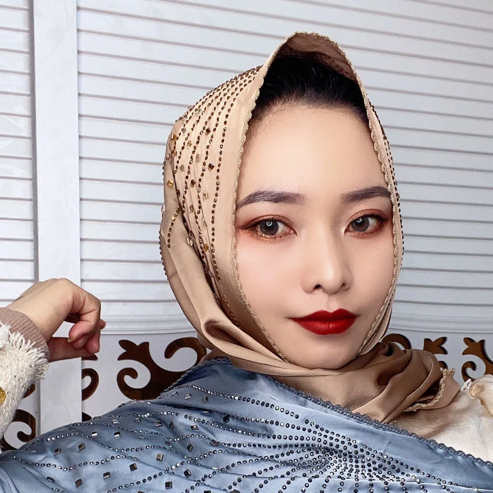 

Muslim women lady instant diamonds hijab triangle silk scarves