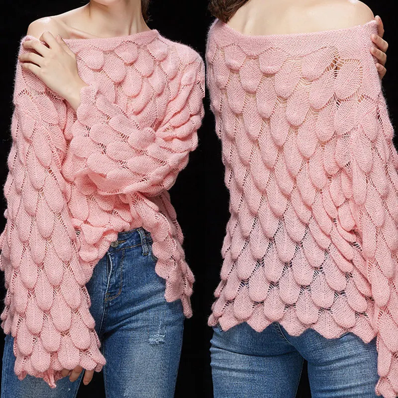 Женский свободный пуловер с открытыми плечами свитер Теплые Топы блуза длинным