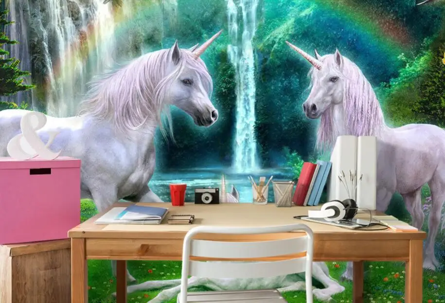 Фотообои CJSIR зеленый лес Радуга Луг Белая лошадь фон для детской комнаты обои 3d |