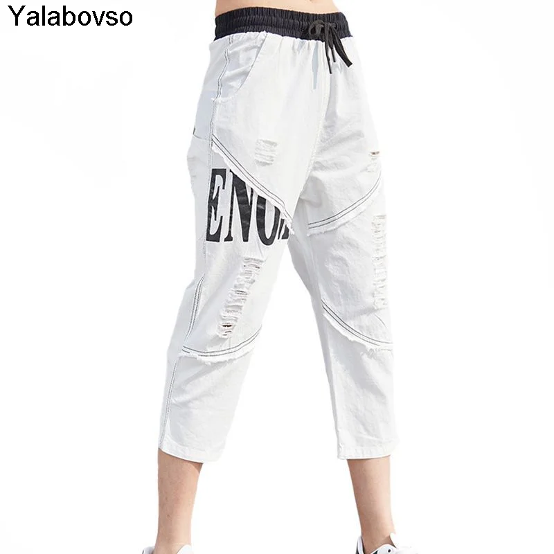 

Ladies Drawstring Pants Female Denim Trousers Girl Street Style Pantalons 2021 Spring Summer Women Holes Casual White Jeans