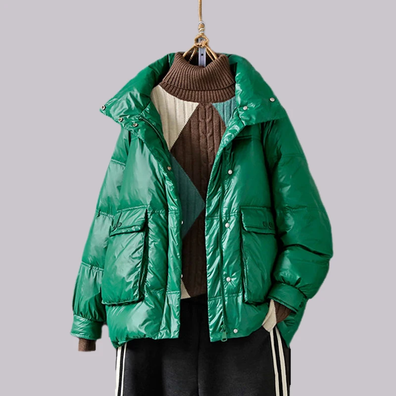 Пуховик женский на белом утином пуху с высоким воротником свободный Осень-зима