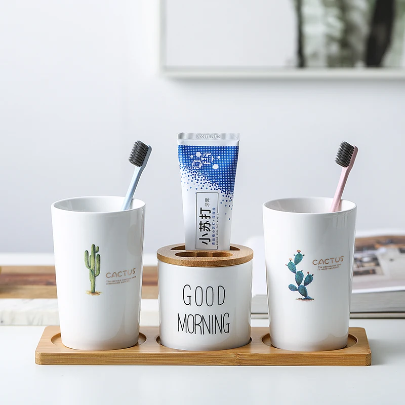 

Аксессуары для ванной комнаты Набор лоток белая зубная щетка держатель скандинавский кактус керамика с бамбуком День рождения Свадьба умн...