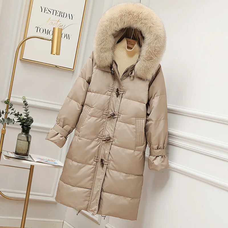 

Natural Fox Fur Collar Down Jacket Women Korean Loose New 90% White Duck Down Outerwear Abrigo Mujer Casual Long Parka Overcoat