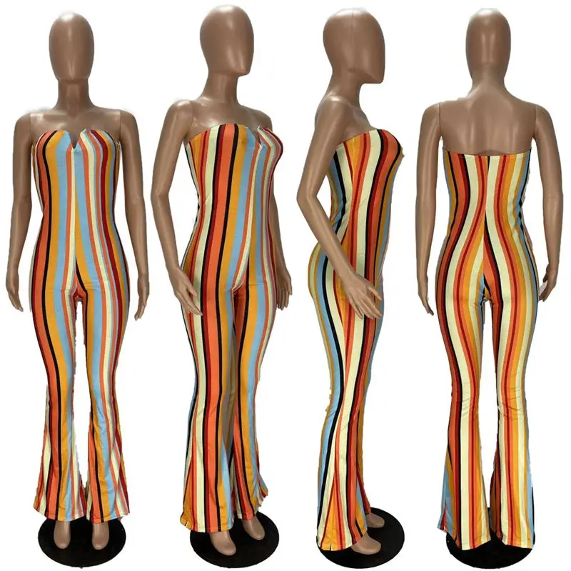 

ZOOEFFBB Aesthetic Striped Off Shoulder Sleeveless Flare Bodycon Jumpsuit Women One Piece Outfits Summer Clothes Bandage Rompers