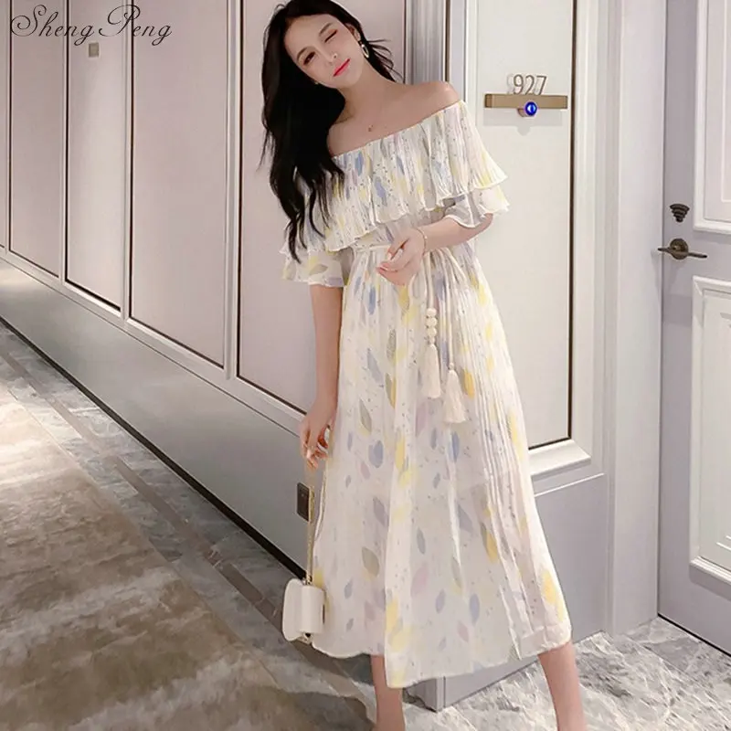 

Women Dress 2019 Summer Sexy Off Shoulder Floral Print Chiffon Dress Boho Style Short Party Beach Dresses Vestidos V1712