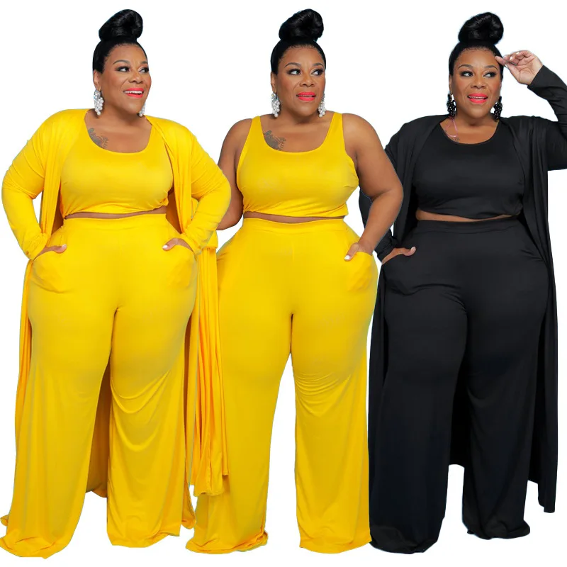 Plus Size Sets Three Piece Set Women Outfits Crop Tops and Long Sleeve Coat Casual Pant Suits Tracksuit Wholesale Dropshipping